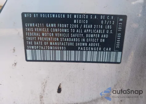 2013 Volkswagen Jetta 2.5L Se из США, поврежденный, VIN 3VWDP7AJ7DM360993